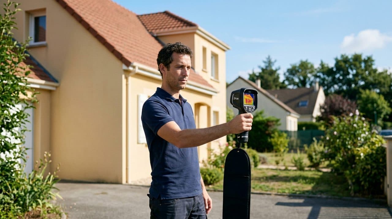 Auditeur énergétique analysant la façade d'une maison à la caméra thermique