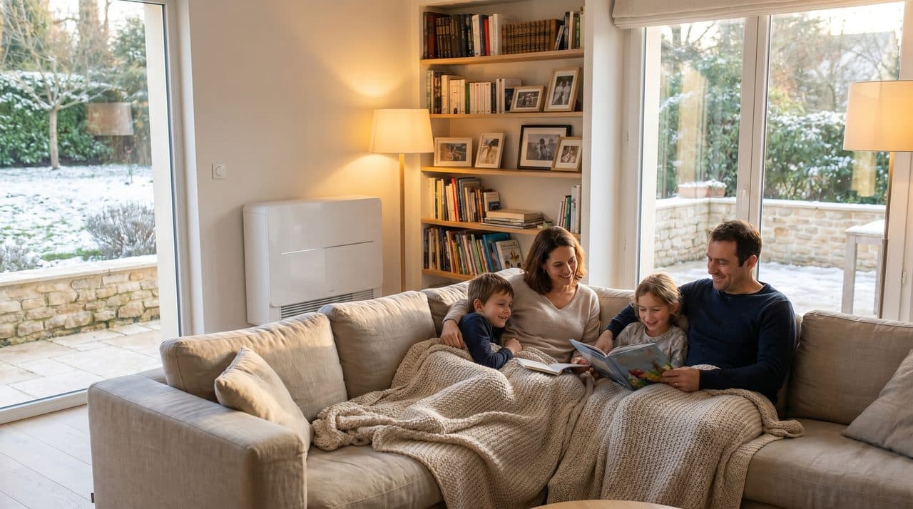 Famille au chaud dans son salon avec pompe a chaleur