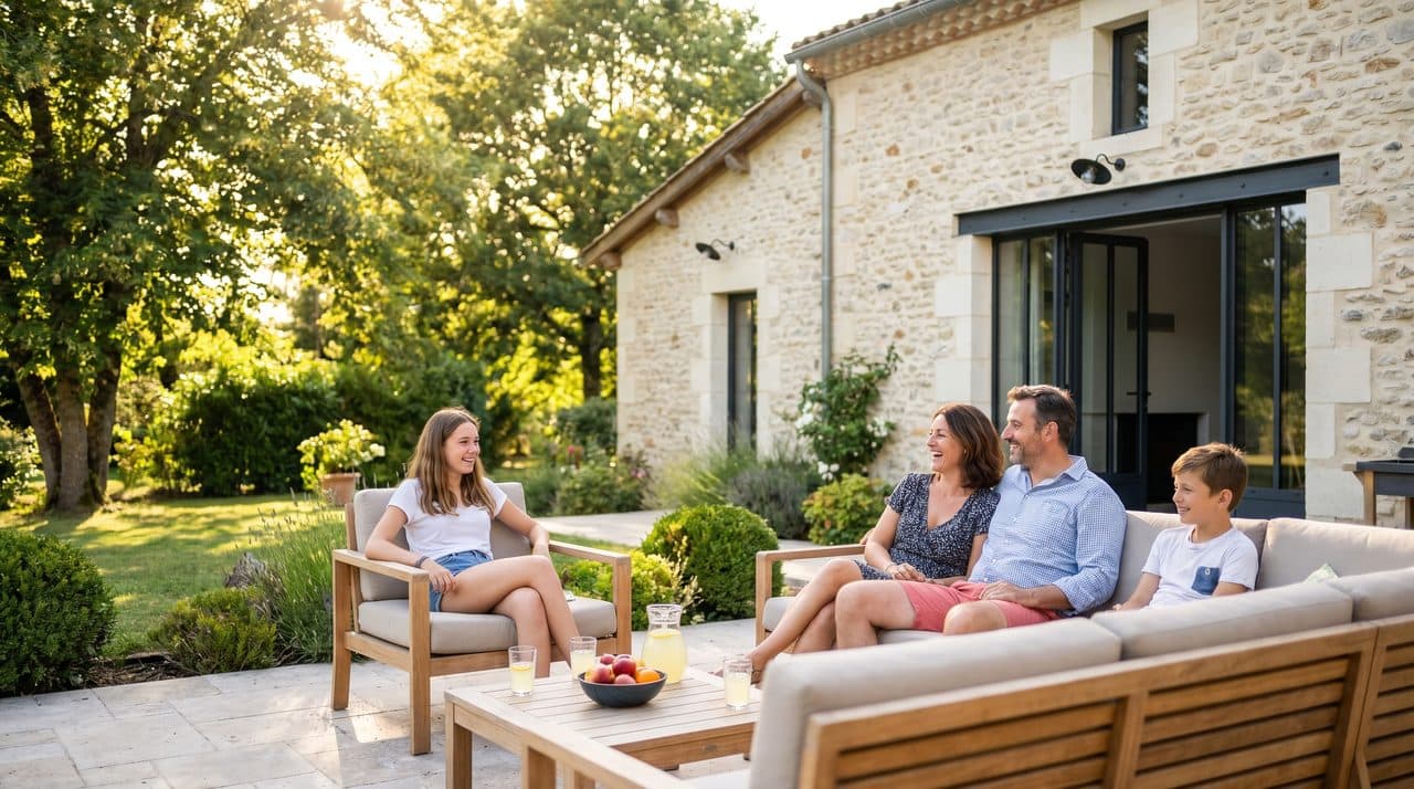 Famille profitant de sa maison renovee