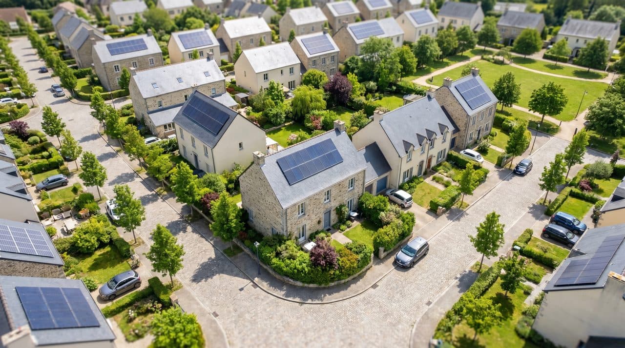 Vue aerienne de maisons avec isolation exterieure